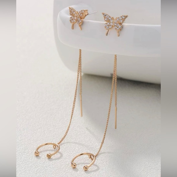 2pcs Cubic Zirconia Butterfly Decor Chain Linked Earring Yellow Gold Jewelry - Picture 5 of 6